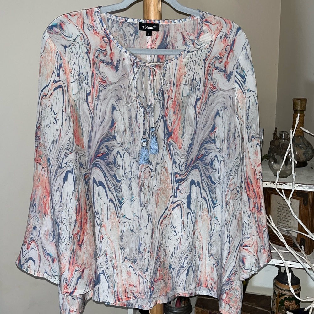 Tolani Marble-Swash Tunic in White, Blue & Coral